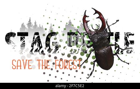 Stag Beetle Banner Vector Illustration on grungy Background with Forest Silhouette Stock Vector