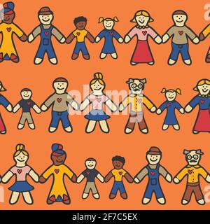 Seamless vector pattern with people holding hands in orange background. Be strong human love wallpaper design. We are strong together. Stock Vector