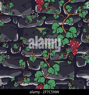 Seamless vector pattern with stone wall and climbing wine plant. Blue vintage floral wallpaper design. Castle wall fashion textile. Stock Vector