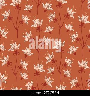 Seamless vector pattern with white lily's on brown background. Vintage floral wallpaper design. Romantic retro fashion textile. Stock Vector