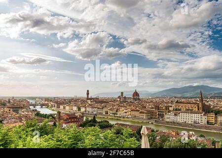 Florence cityscape seen from the Hill with the cathedral in the center, Santa Maria del Fiore and the bell tower of Giotto. Tuscany, Italy, Europe.