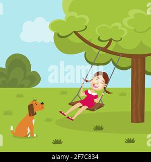 Girl on a tree swing in the park and a dog Stock Vector