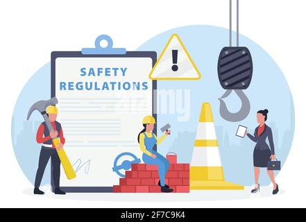 Vector of an OSHA inspector visiting construction site to assure occupational safety and health of workers on the job. Stock Photo