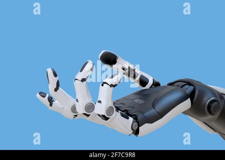 Robot android hand isolated on blue background. 3D illustration Stock Photo