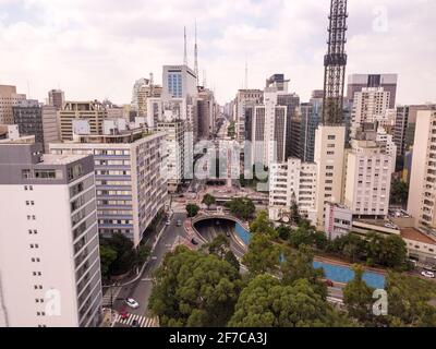 Beautiful aerial view of modern corporate buildings in Avenida Paulista street, São Paulo city skyline in sunny summer day. Concept of urban cityscape Stock Photo
