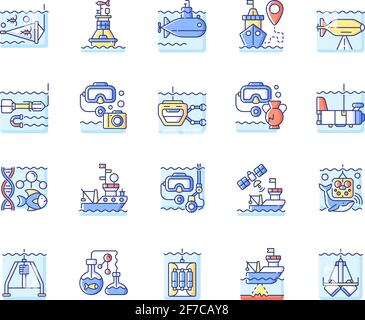 Marine exploration RGB color icons set Stock Vector