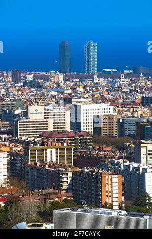 Aerial Panoramic View Of Downtown Barcelona City In Spain Stock Photo ...