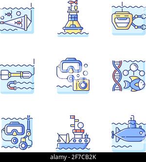 Marine exploration RGB color icons set Stock Vector