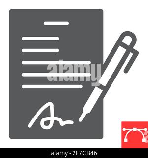 Contract glyph icon, document with pen and form, signature vector icon, vector graphics, editable stroke solid sign, eps 10. Stock Vector