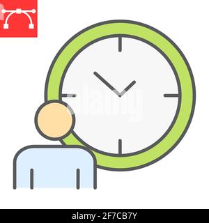 Time managment color line icon, person with clock and deadline, working hours vector icon, vector graphics, editable stroke filled outline sign, eps Stock Vector