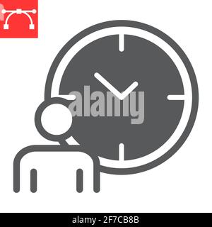 Time managment glyph icon, person with clock and deadline, working hours vector icon, vector graphics, editable stroke solid sign, eps 10. Stock Vector