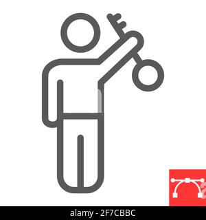 Key employee line icon, man holding key and management, key person vector icon, vector graphics, editable stroke outline sign, eps 10. Stock Vector