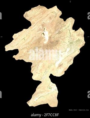 Ghazni, province of Afghanistan. Sentinel-2 satellite imagery. Shape isolated on black. Description, location of the capital. Contains modified Copern Stock Photo