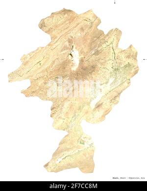 Ghazni, province of Afghanistan. Sentinel-2 satellite imagery. Shape isolated on white. Description, location of the capital. Contains modified Copern Stock Photo