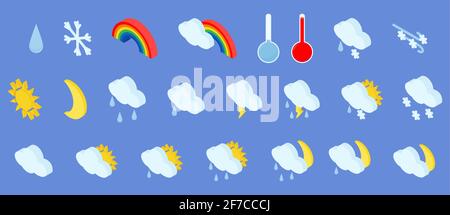 Isometric set of weather icons with cloud, sun, snowflakes and rainbow isolated on blue background. 3d illustration of meteorology pictogram. Stock Vector