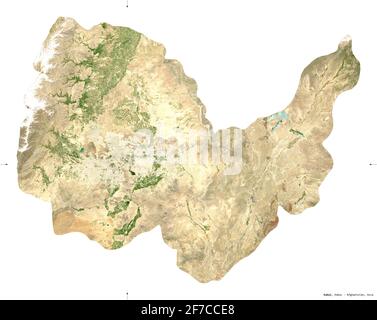 Kabul, province of Afghanistan. Sentinel-2 satellite imagery. Shape isolated on white. Description, location of the capital. Contains modified Coperni Stock Photo