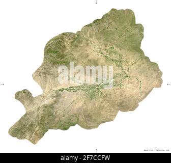 Khost, province of Afghanistan. Sentinel-2 satellite imagery. Shape isolated on white. Description, location of the capital. Contains modified Coperni Stock Photo