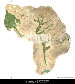 Kapisa, province of Afghanistan. Sentinel-2 satellite imagery. Shape isolated on white. Description, location of the capital. Contains modified Copern Stock Photo