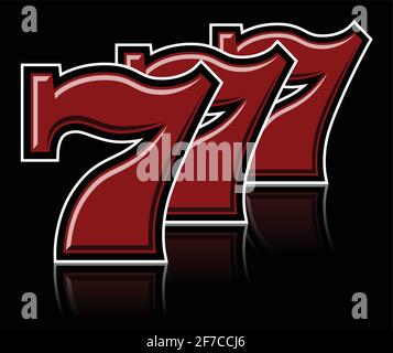 Triple Lucky Sevens with black and white contour on dark mirror surface - color vector illustration Stock Vector