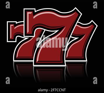 Triple Lucky Sevens with black and white contour on dark mirror surface - color vector illustration Stock Vector