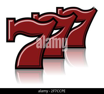 Triple Lucky Sevens with black contour on light mirror surface - color vector illustration Stock Vector