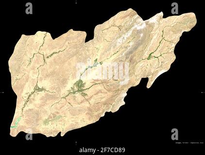 Uruzgan, province of Afghanistan. Sentinel-2 satellite imagery. Shape isolated on black. Description, location of the capital. Contains modified Coper Stock Photo