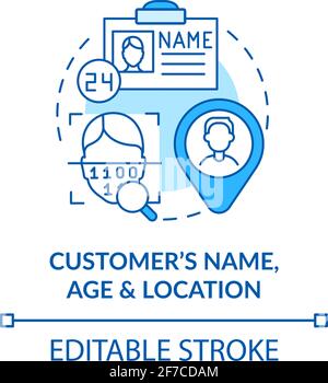 Customer age, name and location blue concept icon Stock Vector