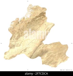 Zabul, province of Afghanistan. Sentinel-2 satellite imagery. Shape isolated on white. Description, location of the capital. Contains modified Coperni Stock Photo