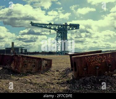 Clydebank, Glasgow, Scotland, UK. 6th  April, 2021. UK  Weather: Sunny Clyde Titan shipbuilding crane in the now levelled John Brown shipyard builders of the Queen Mary and Elizabeth cunard liners and HMS Hood. Credit: Gerard Ferry/Alamy Live News Stock Photo