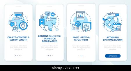 User behaviour analytics blue onboarding mobile app page screen with concepts Stock Vector