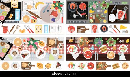 The view from the top on the table with dinner. Top view of the kitchen countertop with a stove, sink, kitchen equipment, food and ready-made pastries Stock Vector