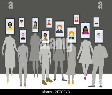 Group of people with a phone instead of head. Be yourself concept. Сome out of the shadow. Women and men in silhouette. Isolated vector illustration o Stock Vector