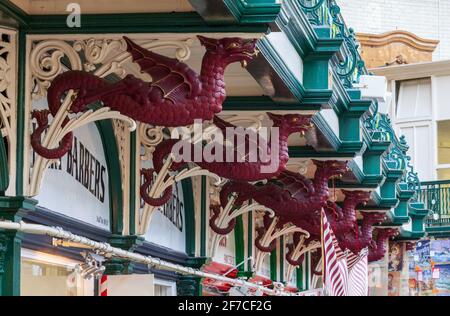 Ornate cast iron dragon decoration inside the 1904 hall of Kirkgate Market in the city of Leeds, West Yorkshire Stock Photo