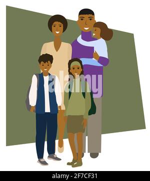 Parents with their three children. Twins and little daughter. Happy family portrait. Isolated vector illustration on a white background. Stock Vector