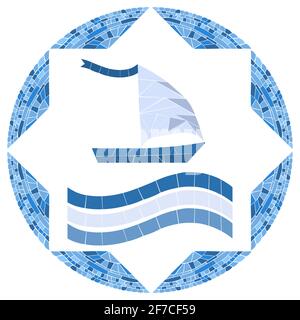 Mosaic Boat in round frame. Vector illustration for swimming pool or bathroom design. Image for emblem. Isolated on white background Stock Vector