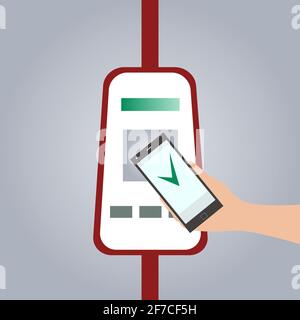 Human hand holding phone and terminal. Contactless paying to travel via bus or subway. NFC payments concept. Vector illustration. Stock Vector