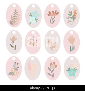 Paste-colored boho simple flowers gift tags labels set, flat style floral vector illustration for craft, handmade gifts, bohemian springtime decoration Stock Vector