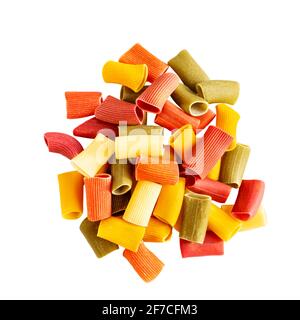 Assorted multicolored ones in rigatoni. Grocery food background, isolated on a white background. Top view. Stock Photo