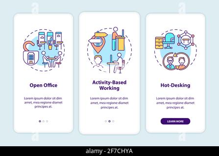 Future office environments onboarding mobile app page screen with concepts Stock Vector