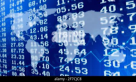 World map over financial figures or exchange rates on stock exchange board and line graphs. Abstract stock market analysis or finance background. Stock Photo