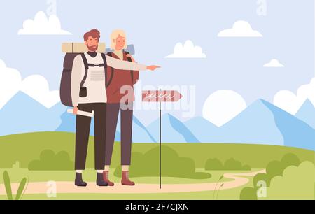 Summer tourist trip, hiking outdoor adventure, young man hiker pointing way forward Stock Vector