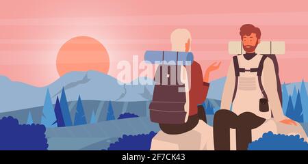 Couple people enjoy sunset scene in mountain landscape, hiker tourists sitting on stones Stock Vector