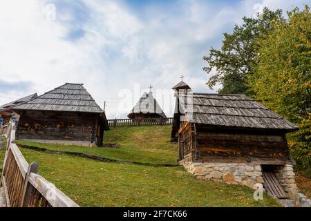 Drvengrad, Serbia- 18 September 2020: Kustendorf, traditional wooden village Drvengrad built by Emir Kusturica. Mokra Gora in Zlatibor surroundings Stock Photo