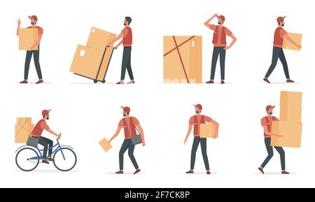 Courier people work in delivery service set, young deliveryman holding cardboard box Stock Vector
