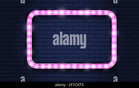 Violet colored sign board with place for your text on brick wall with light neon frame Stock Vector