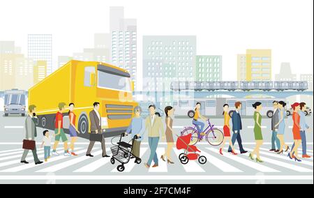 City with road traffic, houses and pedestrians on the zebra crossing, Stock Vector