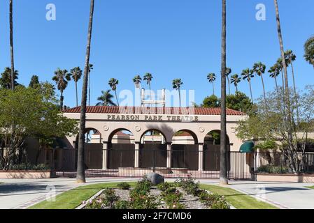 ANAHEIM, CALIFORNIA - 31 MAR 2021: Main Entrance to Pearson Park Theatre. Pearson Park Amphitheatre provides high quality family entertainment during Stock Photo