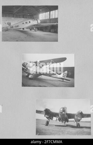 Motifs: Album page 1 From photo albums from military service on F 6 Västgöta Flight fleet during the 1940s  Album page 1 From photo albums from military service on F 6 Västgöta Flight fleet during the 1940s. Airplane Junkers W34 SE-Aki, Trp 3 and B 18. Belong to Air Force Museum's image archive. Stock Photo