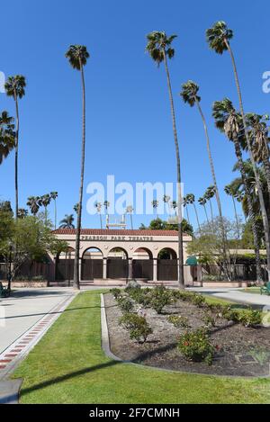 ANAHEIM, CALIFORNIA - 31 MAR 2021: Main Entrance to Pearson Park Theatre. Pearson Park Amphitheatre provides high quality family entertainment during Stock Photo