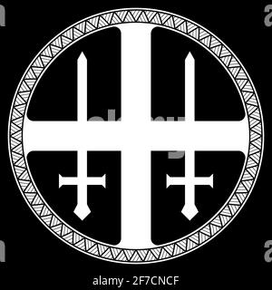 Scandinavian Viking design. Sun cross, Old Norse ornament and two Viking swords Stock Vector